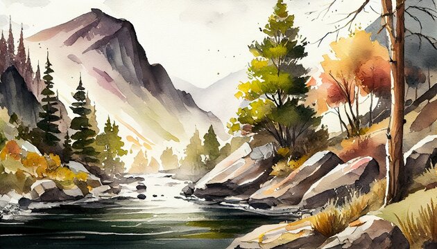Watercolor landscape with mountains, forest and river in front. beautiful landscape. Generative AI..
