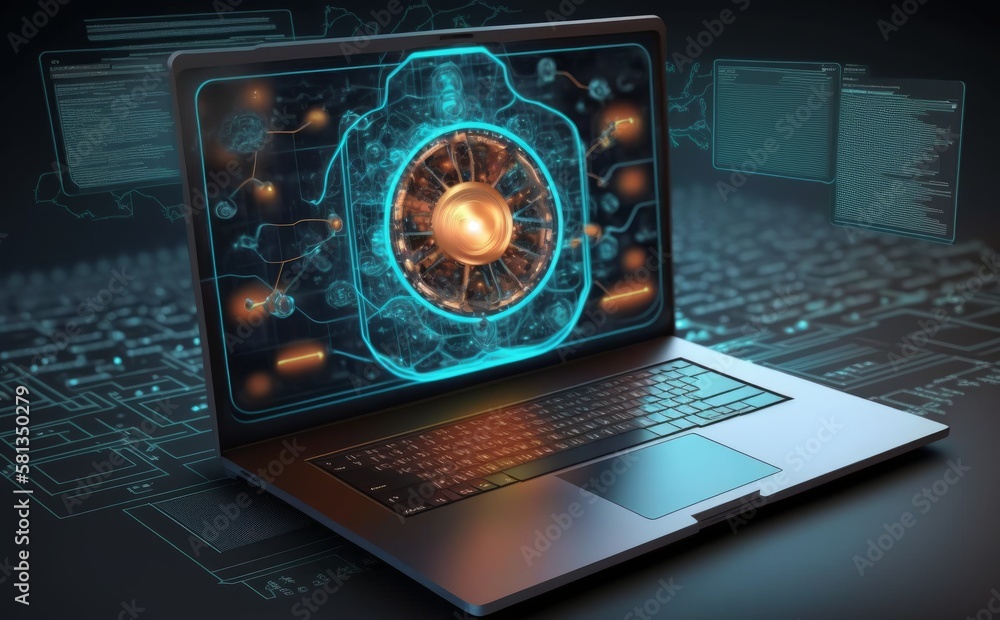 Poster laptop with security lock on the screen. generative ai