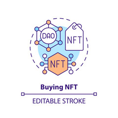 Buying NFT concept icon. Unique virtual art market. DAO usage purpose abstract idea thin line illustration. Isolated outline drawing. Editable stroke. Arial, Myriad Pro-Bold fonts used