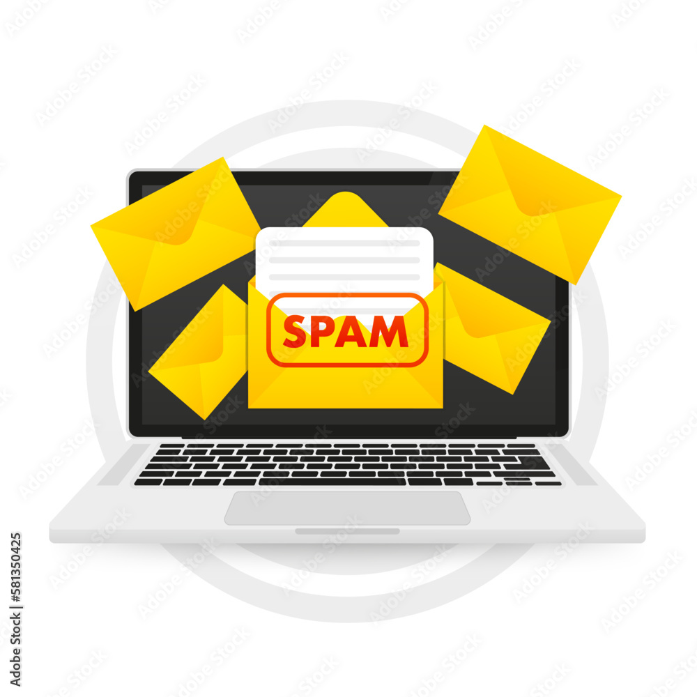 Poster spam email concept. spam message on laptop screen. warning and alert spam notification. envelope wit