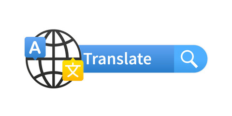 Translate using Internet, translation search. Multilingual online translator. Translation application icon. Online translator. Multilingual communication. Banner for websites. Vector illustration