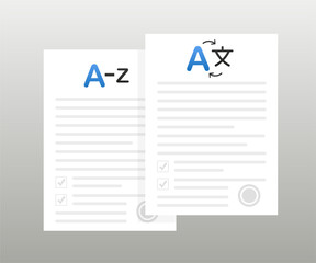 Concept of document translation from English to Chinese, multilingual business papers, translation services text translating. Translation plugin, language translation, flat design. Vector illustration