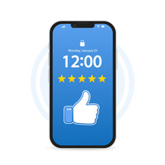 Obraz premium Review and like on the phone. Good experience like customer review. Notification icon leaving on smartphone, thumbs up symbol design, website, logo, application. Social media icon. Vector illustration