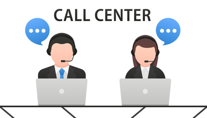 Call processing center. Help, support and contacts. Male and female call center working in headphones. Customer service. Call center operator. Call center service nature of work. Vector illustration