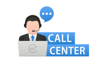 Call processing center. Help, support. A man works at a laptop in a call center, works in headphones. Customer service. Call center operator. Office work. Online customer service. Vector illustration