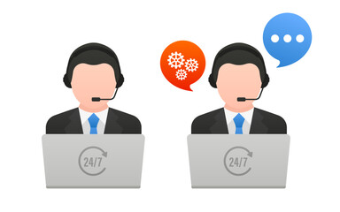 Call processing center. Help, support. A man works at a laptop in a call center, works in headphones. Customer service. Call center operator. Call center service nature of work. Vector illustration