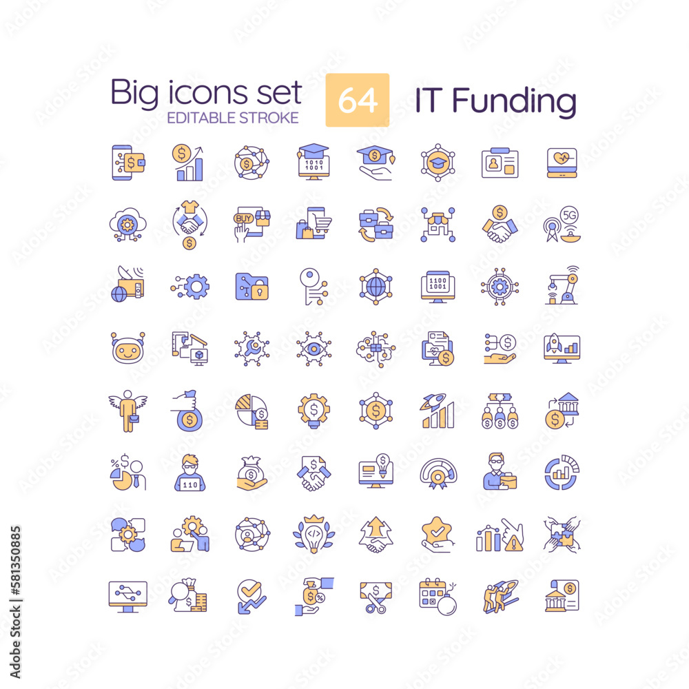 Poster it funding rgb color icons set. investment in software development. financial resources of tech deve