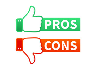 Pros cons in flat style. Flat icon. Check mark icon. With thumb up and down. Banner for social networks and web banners. Vector illustration