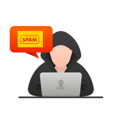 Warning and alert spam notification. Hacker attack. Envelope with spam. Spamming mailbox. Hacker alert, spam data on laptop fraud error message, scam, virus. Vector illustration