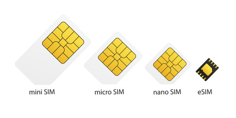 Set of SIM cards. SIM Mobile connection. Mobile phone icon microcircuit. Mobile communication technology symbol. mini sim, micro, nano, esim. Vector illustration - obrazy, fototapety, plakaty