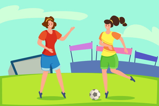 Happy women playing football vector illustration. Professional female players on field with ball. Friendly soccer match. Women's football, competition, sports, feminism concept