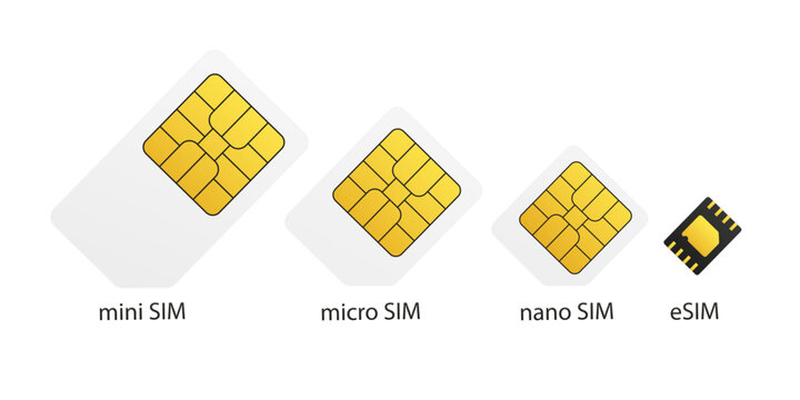 Set of SIM cards. SIM Mobile connection. Mobile phone icon microcircuit. Mobile communication technology symbol. mini sim, micro, nano, esim. Vector illustration
