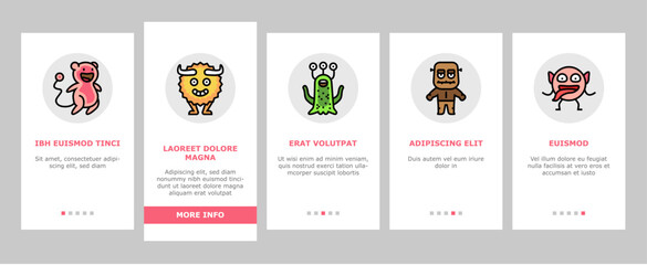 monster funny cute alien onboarding icons set vector