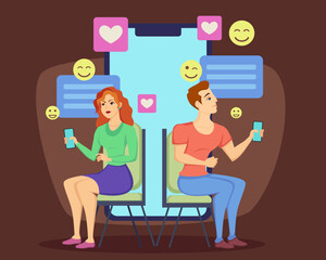 Couple texting online vector illustration. Man and woman holding smartphones, talking with messages, hearts, smiling faces. Dating in social media, online dating, long distance relationship concept