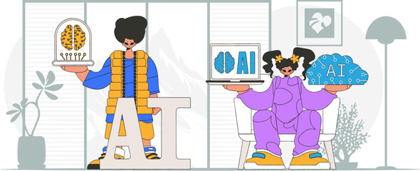 AI team of a guy and girl in modern style, vector image.