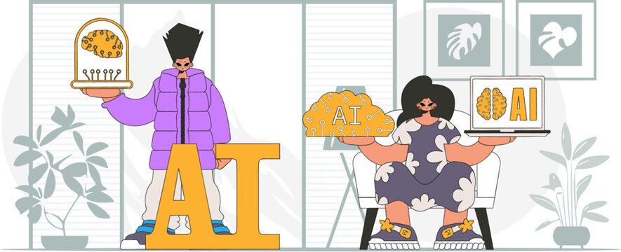 ﻿Vector illustration of fashionable guy and girl AI team.