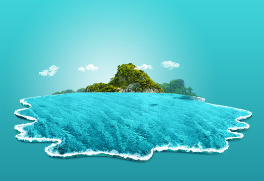 3d illustration of piece of aquarium or ocean with landscape. island paradise isolated, travel and tourism ads. Travel and vacation background. beautiful Surfing waves with underwater scene isolated.