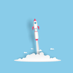 rocket or spaceship launch into the sky over the clouds and icon on blue background. Vector paper art in start up project or business concept.