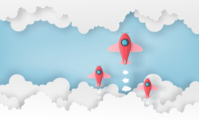 team spaceship or planes launch into the sky between the clouds. Vector paper art in startup business or education concept .