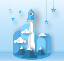 origami rocket launch over the mountain - clouds and go to the stars on light blue background in vector paper cut concept.