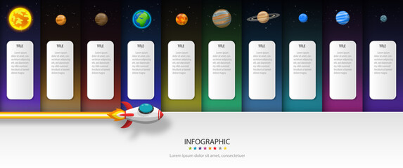Fototapeta premium Space ship, rocket or plane red - white color launch to the solar system in the universe and flying to the asteroids. infographic template of vector illustration paper art concept.