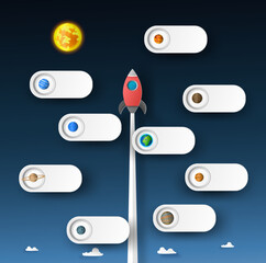 Space ship, rocket or plane red - white color launch to the solar system in the sky on night sky background. Infographic of business template of vector illustration paper art concept.