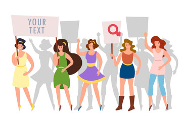 Women holding banners for protest vector illustration. Activists protesting and fighting for women rights on white background. Feminism, gender equality, protest, activism concept