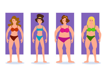 Various female bodies vector illustration set. Skinny, chubby, muscular women in swimsuits or underwear on white background. Body, figure, diversity, fitness, health care concept