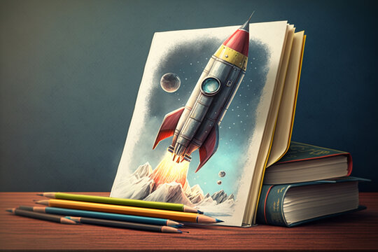 Books and pencils with a rocket sketch represent going back to school. AI