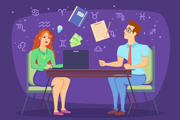 Woman reading horoscope vector illustration. Man asking for prediction when changing job. Office worker at desk with laptop and zodiac signs on purple background. Astrology, fortune telling concept