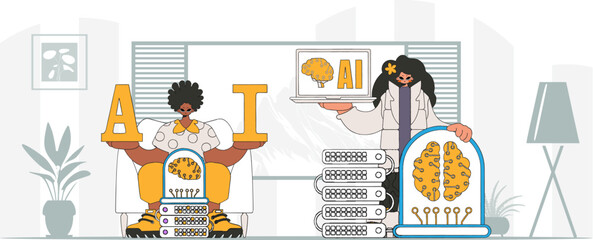 Naklejka premium ﻿AI duo of a guy and girl, in trend-setting vector style illustration.