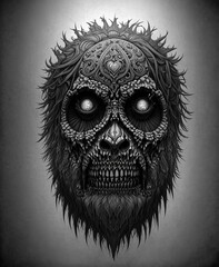 Demonic skull mask, intricate voodoo design. Black and white drawing. Generative AI.