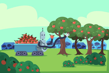 Modern robot collecting apples vector illustration. Innovative machine helping with harvesting in garden or farm. Application of robotics in agriculture, gardening, technology concept