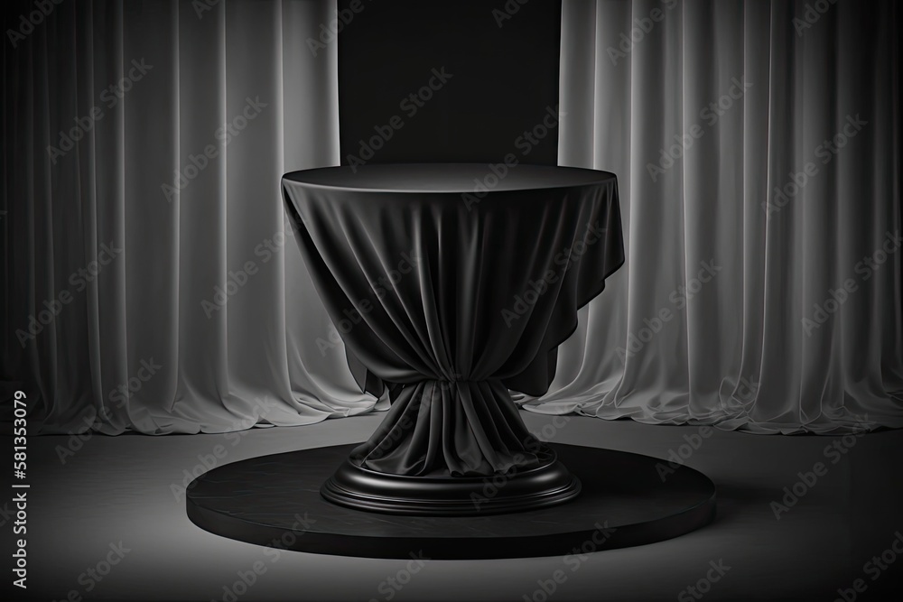 Poster elegant display and table showcase platform on dark room stage with black luxury fabric podium pedes