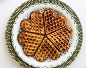 A well-baked waffle on a dark green plate