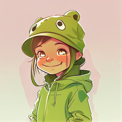 Cute little girl in frog hat, cartoon, image generated with ai
