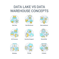 Data lake vs data warehouse concept icons set. Information storage. Analytics idea thin line color illustrations. Isolated symbols. Editable stroke. Roboto-Medium, Myriad Pro-Bold fonts used