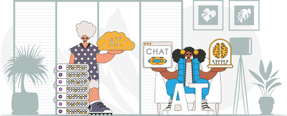 Guy and girl AI squad in trendy style, depicted in vector format.