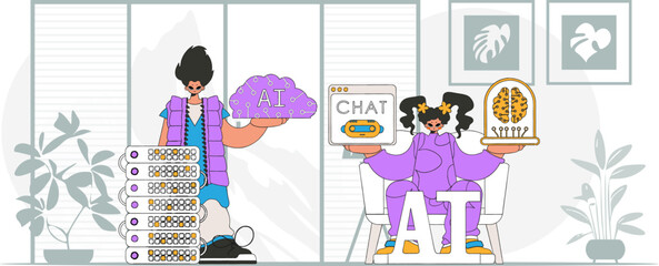 Team of male and female A.I.s, in a modern style, with vector art.