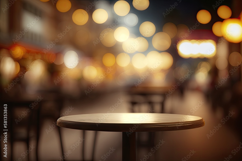 Aufkleber empty table to display your product against a hazy café background with golden bokeh. generative ai