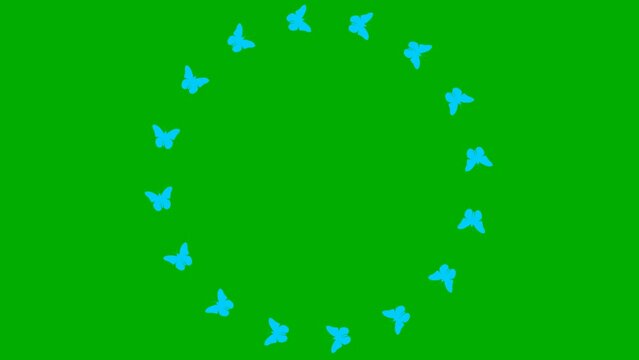 Animated blue butterflies fly in a circle. Looped video. Summer and spring concept. Vector illustration isolated on green background.