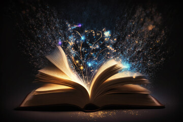 An antique book with open pages glows with abstract bokeh lights against a dark background, creating a magical atmosphere. AI