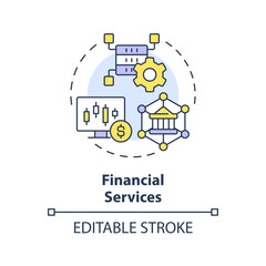 Financial services concept icon. Banking industry. Analytics. Data lake use case abstract idea thin line illustration. Isolated outline drawing. Editable stroke. Arial, Myriad Pro-Bold fonts used
