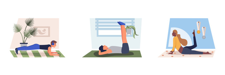 Group of athletic cartoon characters doing pilates at home. Training time. Active and healthy lifestyle. Yoga and fitness. Exercising indoor. Physical activity. Vector