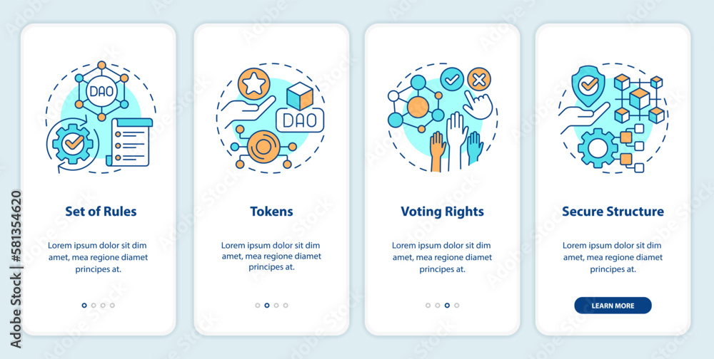 Poster dao elements onboarding mobile app screen. digital network walkthrough 4 steps editable graphic inst