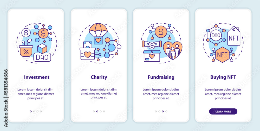 Poster dao usage purpose onboarding mobile app screen. internet business walkthrough 4 steps editable graph