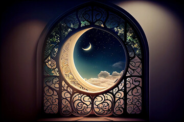Fototapeta na wymiar Ramadan Kareem background. Mosque window with shiny crescent moon. Generative ai