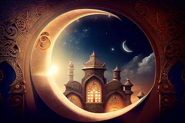 Ramadan Kareem background. Crescent moon at a top of a mosque. Generative ai