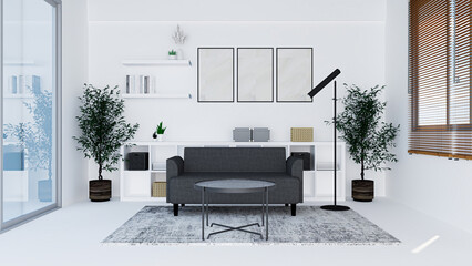 3d rendering of modern living room with shelf and tree decoration with natural light.