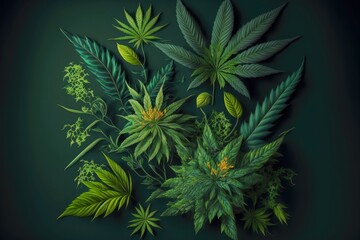 Naklejka na ściany i meble cannabis plants spread out on dark green background, created with generative ai